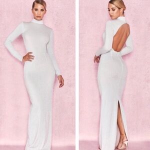 NWT House of CB Contessa Silver Sparkly Backless Maxi Dress